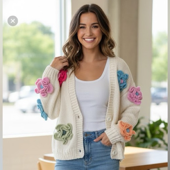 Dreamers By Debut Sweaters - Floral Embellished White Cardigan